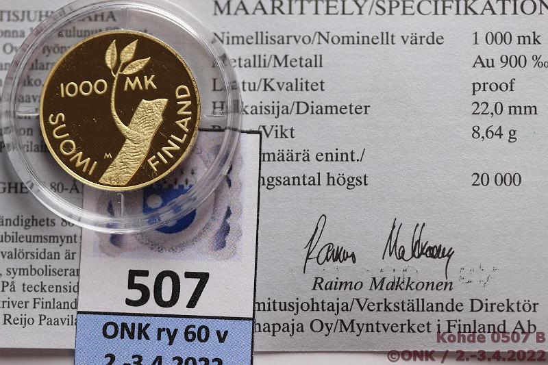 k-0507-b.jpg - Kohde 507 (kuva 2/2), lhthinta: 280 € / myyntihinta: 414 € 1000 mk 1997 Au, Proof, 8,64g/900, Itsenisyys 80 v, kotelo, tod, kunto: 10