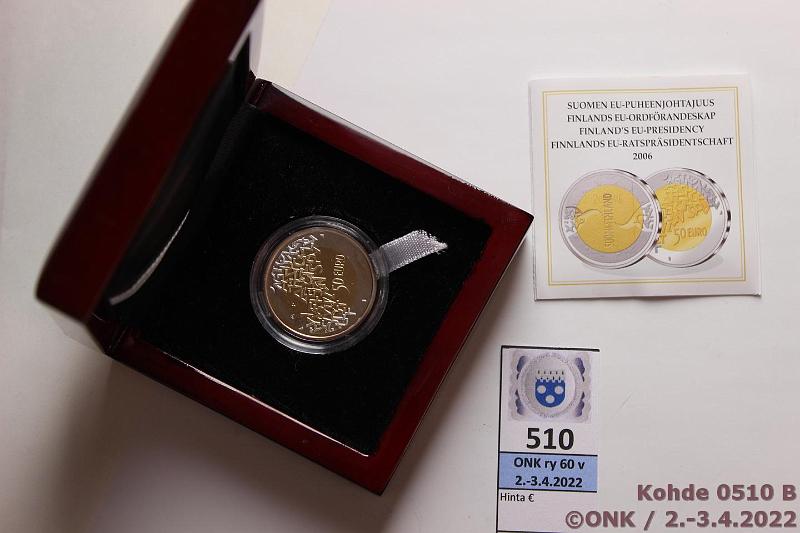 k-0510-b.jpg - Kohde 510 (kuva 2/2), lhthinta: 100 € / myyntihinta: 260 € 50 € 2006 Au/Ag, Proof, 6,9g/750 Au ja 5,9g/925 Ag, Suomen EU puheenjohtajuus, laatikko, tod, kunto: 10