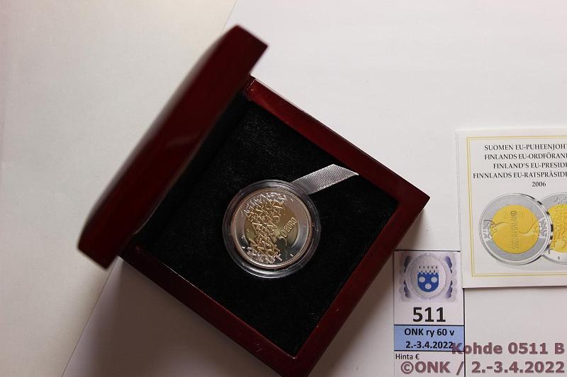 k-0511-b.jpg - Kohde 511 (kuva 2/2), lhthinta: 100 € / myyntihinta: 260 € 50 € 2006 Au/Ag, Proof, 6,9g/750 Au ja 5,9g/925 Ag, Suomen EU puheenjohtajuus, laatikko, tod, kunto: 10
