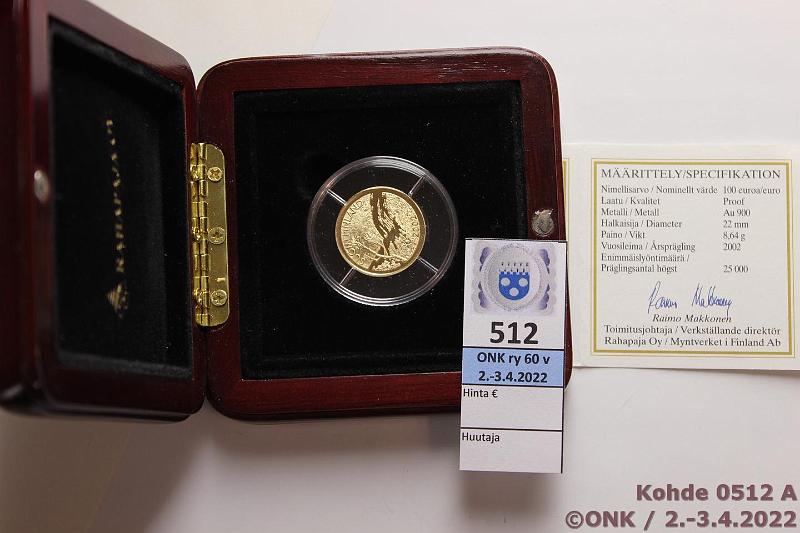 k-0512-a.jpg - Kohde 512 (kuva 1/2), lhthinta: 275 € / myyntihinta: 420 € 100 € 2002 Au, Proof, 8,64g /900, Keskiyn aurinko, puukotelo, tod, kunto: 10