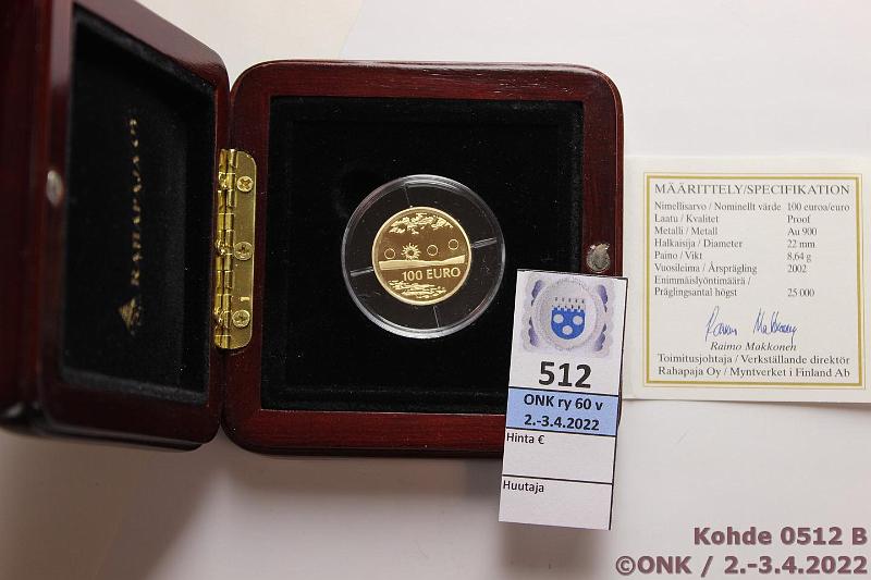 k-0512-b.jpg - Kohde 512 (kuva 2/2), lhthinta: 275 € / myyntihinta: 420 € 100 € 2002 Au, Proof, 8,64g /900, Keskiyn aurinko, puukotelo, tod, kunto: 10