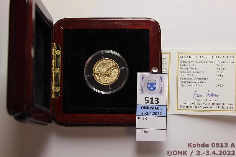k-0513-a.jpg - Kohde 513 (kuva 1/2), lhthinta: 275 € / myyntihinta: 410 € 100 € 2002 Au, Proof, 8,64g /900, Keskiyn aurinko, puukotelo, tod, kunto: 10