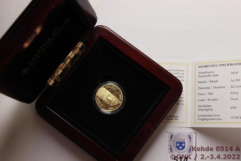 k-0514-a.jpg - Kohde 514 (kuva 1/2), lhthinta: 275 € / myyntihinta: 414 € 100 € 2004 Au, Proof, 8,64g/900, Albert Edelfelt, laatikko, tod, kunto: 10