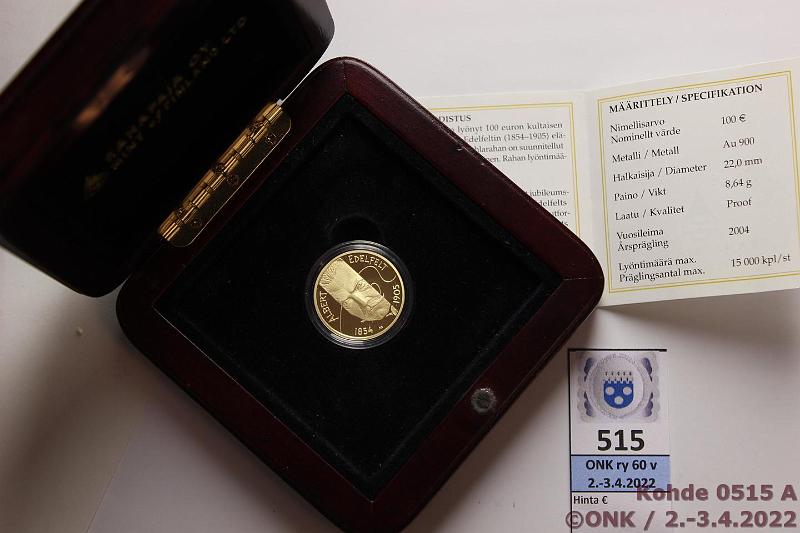 k-0515-a.jpg - Kohde 515 (kuva 1/2), lhthinta: 275 € / myyntihinta: 414 € 100 2004 Au, Proof, 8,64g/900, Albert Edelfelt, laatikko, tod, kunto: 10