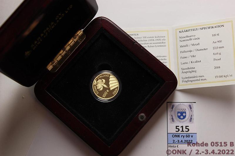k-0515-b.jpg - Kohde 515 (kuva 2/2), lhthinta: 275 € / myyntihinta: 414 € 100 2004 Au, Proof, 8,64g/900, Albert Edelfelt, laatikko, tod, kunto: 10