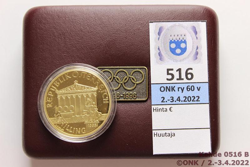 k-0516-b.jpg - Kohde 516 (kuva 2/2), lhthinta: 600 € / myyntihinta: 820 € Itvalta 1000 sch 1986 KM#3028 Au, Proof, 16,97g/916, Innsbruck Olympics, kotelo, kunto: 9