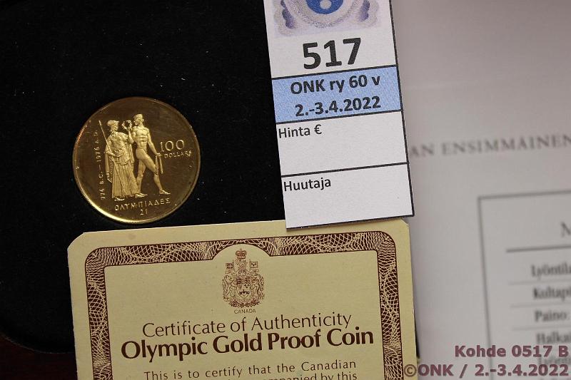 k-0517-b.jpg - Kohde 517 (kuva 2/2), lhthinta: 675 € / myyntihinta: 830 € Kanada 100 $ 1976 KM#116 Au, Proof, 16,97g/917, Montreal Olympics, patinaa, kotelo, kunto: 9