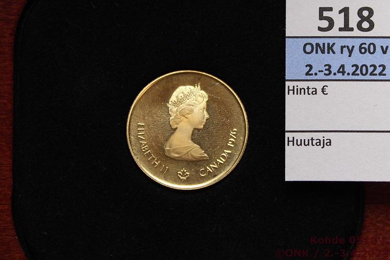 k-0518-a.jpg - Kohde 518 (kuva 1/2), lhthinta: 600 € / myyntihinta: 820 € Kanada 100 $ 1976 KM#116 Au, Proof, 16,97g/917, Montreal Olympics, hieman patinaa, kotelo, tod, kunto: 10