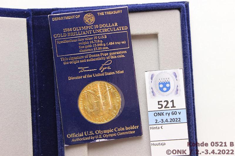 k-0521-b.jpg - Kohde 521 (kuva 2/2), lhthinta: 675 € / myyntihinta: 810 € USA 10 $ 1984 KM#211 Au, Proof, 16,718g/900, Los Angeles Olympics, kotelo, kunto: 10
