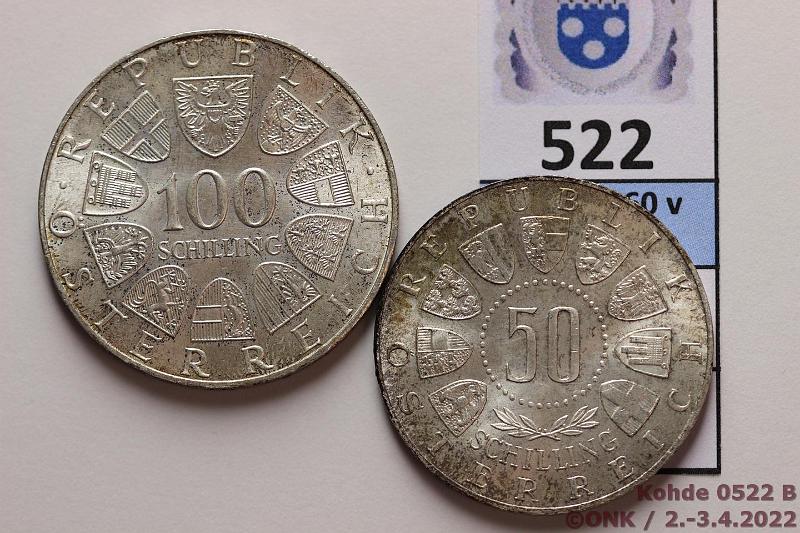 k-0522-b.jpg - Kohde 522 (kuva 2/2), lhthinta: 15 € / myyntihinta: 19 € Itvalta 50 + 100 sch 1964, -76 KM#2896, 2929 Ag, 20g/900 + 24g/640, Winter Olympics Innsbruck, patinaa, kunto: 8, 9