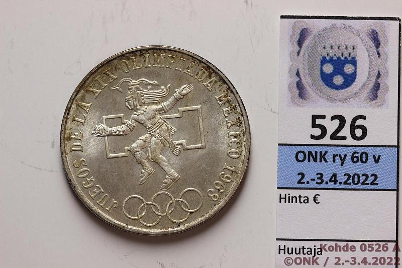 k-0526-a.jpg - Kohde 526 (kuva 1/2), lhthinta: 8 € / myyntihinta: 9 € Meksiko 25 peso 1968 KM#479.1 Ag, 22,5g/720, Mexico Olympic Games, patinaa, kunto: 8