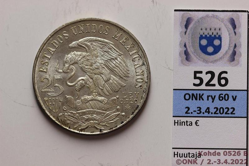 k-0526-b.jpg - Kohde 526 (kuva 2/2), lhthinta: 8 € / myyntihinta: 9 € Meksiko 25 peso 1968 KM#479.1 Ag, 22,5g/720, Mexico Olympic Games, patinaa, kunto: 8