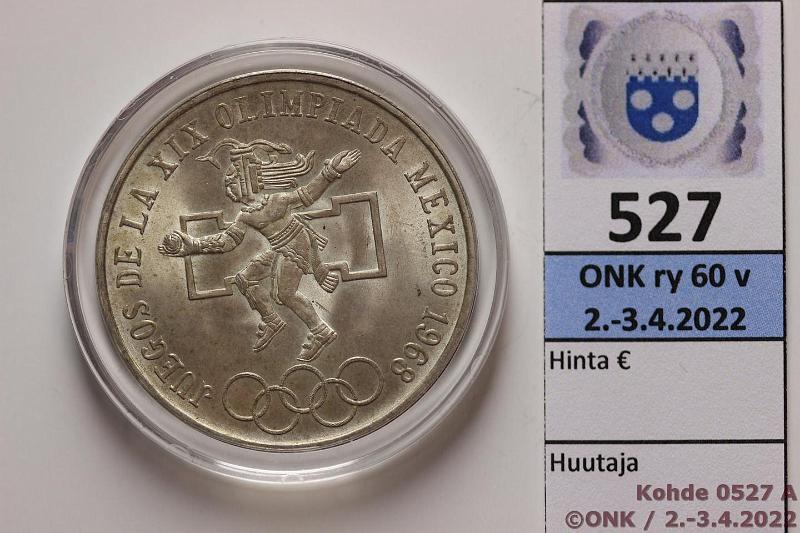 k-0527-a.jpg - Kohde 527 (kuva 1/2), lhthinta: 8 € / myyntihinta: 10 € Meksiko 25 peso 1968 KM#479.1 Ag, 22,5g/720, Mexico Olympic Games, patinaa, kaps, kunto: 8