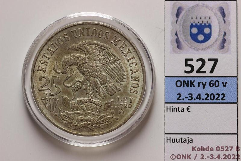 k-0527-b.jpg - Kohde 527 (kuva 2/2), lhthinta: 8 € / myyntihinta: 10 € Meksiko 25 peso 1968 KM#479.1 Ag, 22,5g/720, Mexico Olympic Games, patinaa, kaps, kunto: 8