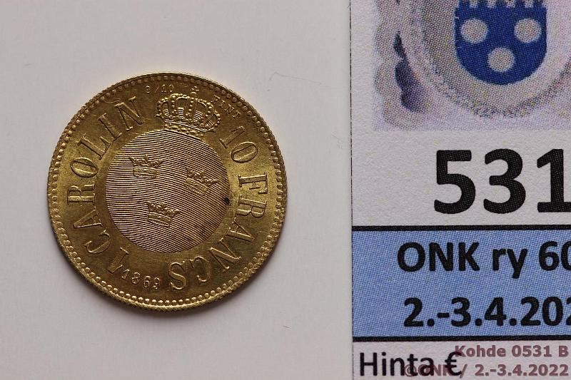 k-0531-b.jpg - Kohde 531 (kuva 2/2), lhthinta: 350 € / myyntihinta: 460 € 1 carolin / 10 francs 1869 KM#716 Au, 3,2258g/900, pieni tumma piste, kunto: 9