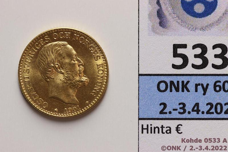 k-0533-a.jpg - Kohde 533 (kuva 1/2), lhthinta: 180 € / myyntihinta: 250 € 10 kr 1901 KM#767 Au, 4,48g/900, kunto: 9