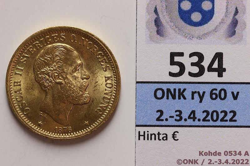 k-0534-a.jpg - Kohde 534 (kuva 1/2), lhthinta: 380 € / myyntihinta: 480 € 20 kr 1876 KM#744 Au, 8,96g/900, hnja, kunto: 8/9