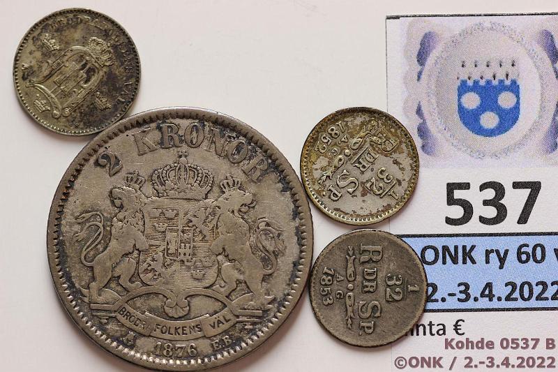 k-0537-b.jpg - Kohde 537 (kuva 2/2), lhthinta: 20 € / ei tarjouksia 1/32 rd - 2 kr (4) 1852-83 KM#681, 742, 755 Ag, 1/32rd 1852, -53; 10 1883; 2k 1876, kunto: 3-6