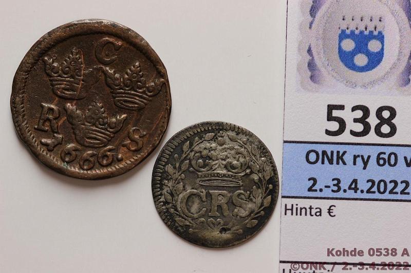 k-0538-a.jpg - Kohde 538 (kuva 1/2), lhthinta: 10 € / myyntihinta: 10 € 1/6 + 2 re 1666, -67 SM#356b, 212 Cu, 1/6 1666 SM; Ag 2 1667, ij, kunto: 4, 3