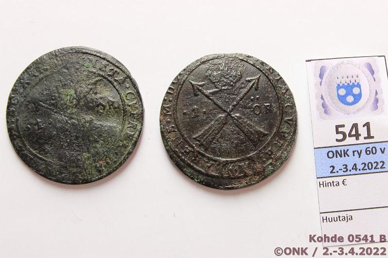 k-0541-b.jpg - Kohde 541 (kuva 2/2), lhthinta: 20 € / myyntihinta: 20 € 1 re (2) 1629, -30 SM#137, 138 Cu, Ster, kuluneita ja korroosiota, kunto: 1, 3