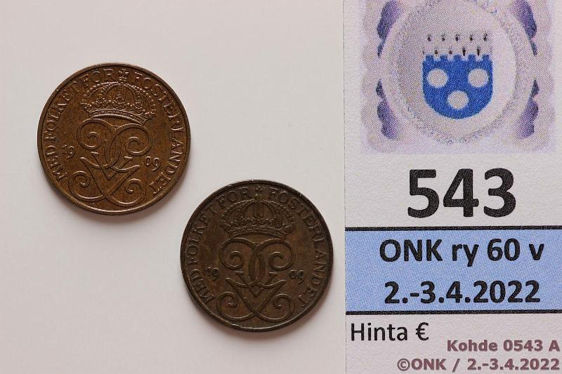 k-0543-a.jpg - Kohde 543 (kuva 1/2), lhthinta: 5 € / myyntihinta: 11 € 1 re (2) 1909 KM#777.1 + .2 Br, Pieni (harvinainen) ja iso risti, kunto: 4, 8