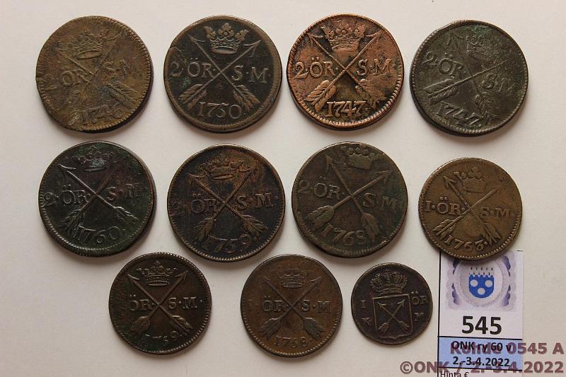 k-0545-a.jpg - Kohde 545, lhthinta: 5 € / myyntihinta: 26 € 1 - 2 re SM (11) 1746-68 SM#179-317 Cu, 1 1749, -58, -59, -63; 2 1746, -47(2), -50, -59, -60, -68, kunto: 2-4