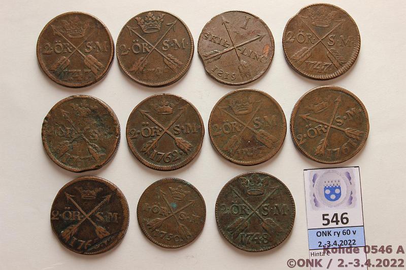 k-0546-a.jpg - Kohde 546, lhthinta: 5 € / myyntihinta: 34 € 1 - 2 re SM, 1 sk (11) 1747-1819 Cu, 1 SM 1750; 2 SM 1747(3), -4?, -48, -61, -65?, -62, -67; 1sk 1819, kunto: 2-4