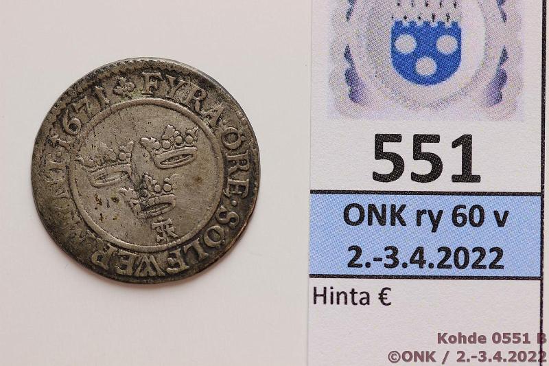 k-0551-b.jpg - Kohde 551 (kuva 2/2), lhthinta: 15 € / myyntihinta: 34 € 4 re 1671 SM#194 Ag, Kaarle XI, kunto: 4