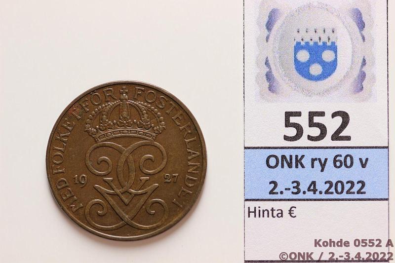 k-0552-a.jpg - Kohde 552 (kuva 1/2), lhthinta: 50 € / myyntihinta: 68 € 5 re 1927 KM#779.2 Br, pieni painos, harvinainen tss kunnossa!, kunto: 7