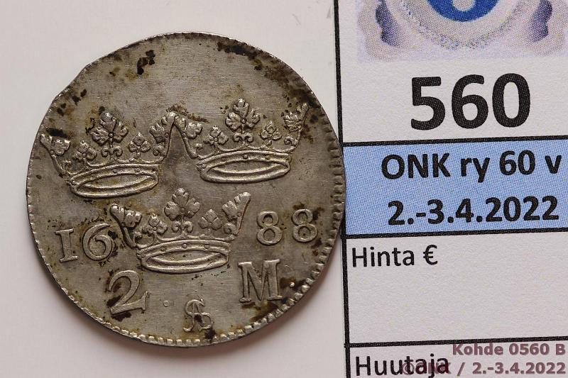 k-0560-b.jpg - Kohde 560 (kuva 2/2), lhthinta: 150 € / myyntihinta: 245 € 2 mk Ag 1688 SM#144 Ag, Kaarle XI, hyv kunto!, kunto: 7