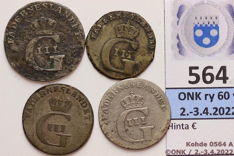 k-0564-a.jpg - Kohde 564 (kuva 1/2), lhthinta: 15 € / myyntihinta: 15 € 1/24 + 1/12 rd (4) 1777, -79 SM#89b, 92, 94 Ag, 1/24rd 1777(2), -79; 1/12rd 1777, kunto: 2-3