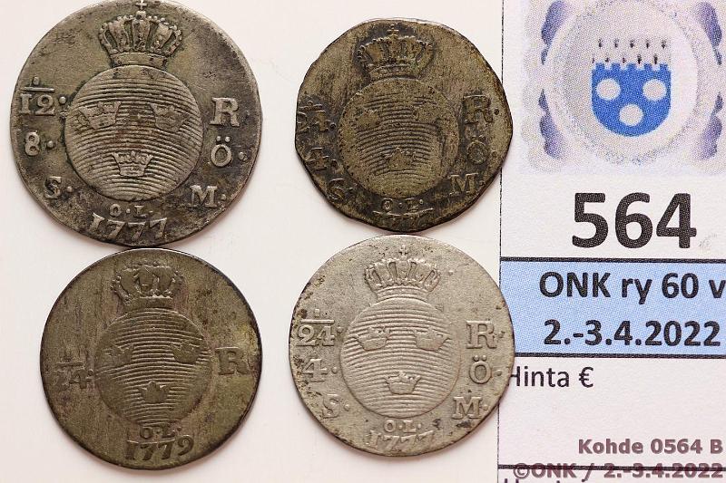 k-0564-b.jpg - Kohde 564 (kuva 2/2), lhthinta: 15 € / myyntihinta: 15 € 1/24 + 1/12 rd (4) 1777, -79 SM#89b, 92, 94 Ag, 1/24rd 1777(2), -79; 1/12rd 1777, kunto: 2-3
