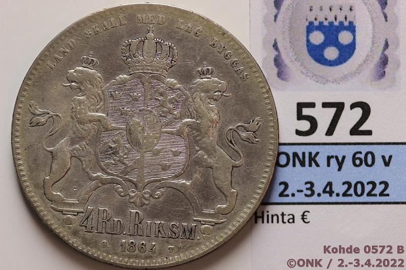 k-0572-b.jpg - Kohde 572 (kuva 2/2), lhthinta: 150 € / myyntihinta: 150 € 4 rd RM 1864 KM#711 Ag, kunto: 5