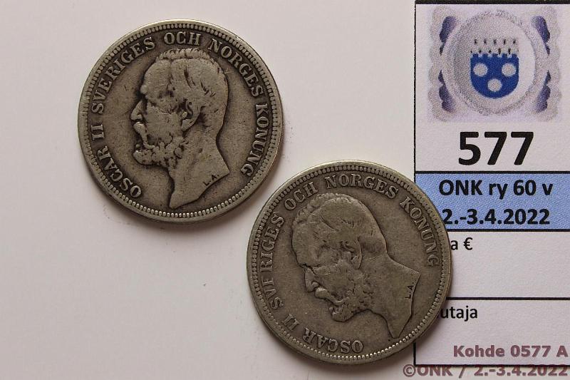 k-0577-a.jpg - Kohde 577 (kuva 1/2), lhthinta: 10 € / myyntihinta: 10 € 2 kr (2) 1903 SM#57IIId Ag, 2x15g/800, kunto: 3, 4