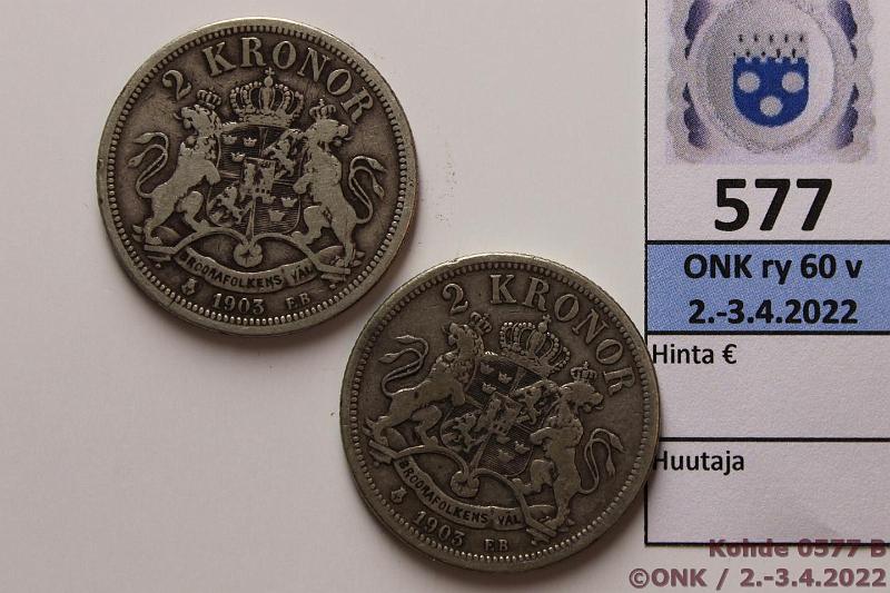 k-0577-b.jpg - Kohde 577 (kuva 2/2), lhthinta: 10 € / myyntihinta: 10 € 2 kr (2) 1903 SM#57IIId Ag, 2x15g/800, kunto: 3, 4