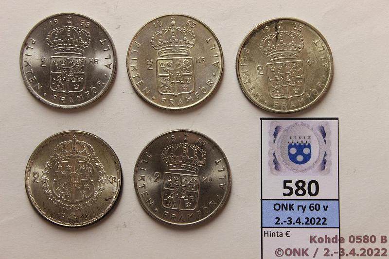 k-0580-b.jpg - Kohde 580 (kuva 2/2), lhthinta: 10 € / myyntihinta: 10 € 2 kr (5) 1945-69 KM#815, 827, 827a Ag, 3x14g/400, -45, -53, -63; CuNi -68, -69, kunto: 6-9
