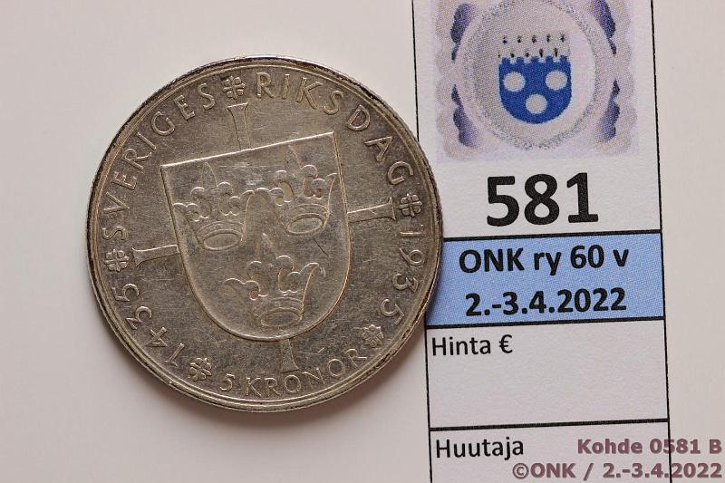 k-0581-b.jpg - Kohde 581 (kuva 2/2), lhthinta: 10 € / ei tarjouksia 5 kr 1935 KM#806 Ag, 25,1g/900, hnja, kunto: 7