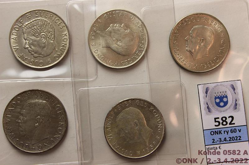 k-0582-a.jpg - Kohde 582 (kuva 1/2), lhthinta: 10 € / myyntihinta: 20 € 5 kr (5) 1952-62 KM#828, 829, 830, 838 Ag, 22,88g + 4x18g/400, -52, -55, -59(2), -62, kunto: 7-9