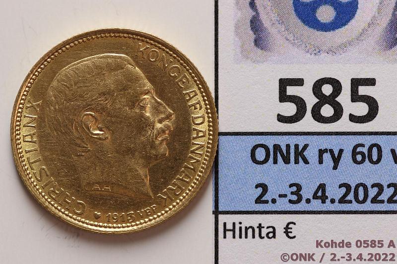 k-0585-a.jpg - Kohde 585 (kuva 1/2), lhthinta: 300 € / myyntihinta: 440 € 20 kr 1913 KM#817.1 Au, 8,96g/900, hnja, kunto: 8