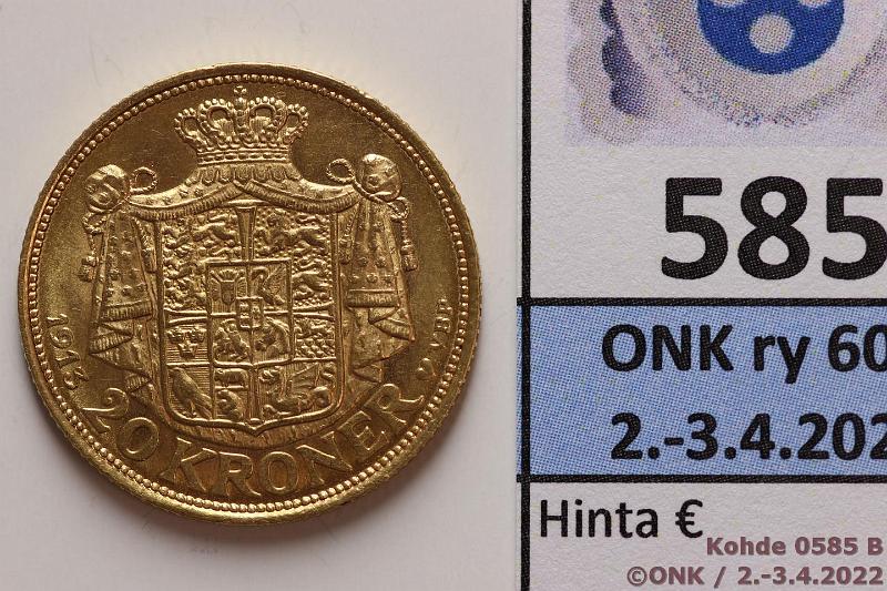 k-0585-b.jpg - Kohde 585 (kuva 2/2), lhthinta: 300 € / myyntihinta: 440 € 20 kr 1913 KM#817.1 Au, 8,96g/900, hnja, kunto: 8