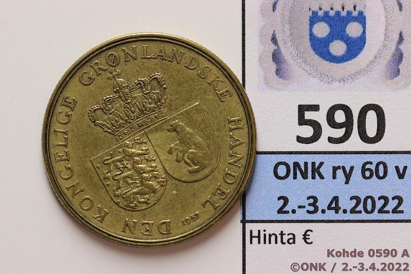 k-0590-a.jpg - Kohde 590 (kuva 1/2), lhthinta: 10 € / myyntihinta: 16 € Grnlanti 1 kr 1957 KM#10 AlBr, naarmu, kunto: 5