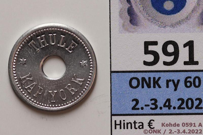 k-0591-a.jpg - Kohde 591 (kuva 1/2), lhthinta: 30 € / myyntihinta: 44 € Grnlanti 5 re 1910 KM#Tn5 Al, Thule-Kap York, harvinainen!, kunto: 9