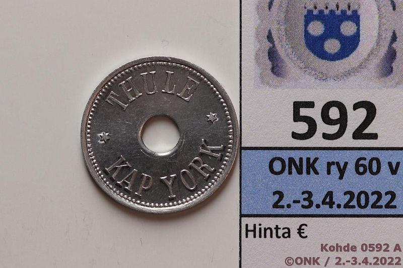 k-0592-a.jpg - Kohde 592 (kuva 1/2), lhthinta: 30 € / myyntihinta: 37 € Grnlanti 25 re 1910 KM#Tn6 Al, Thule-Kap York, harvinainen!, kunto: 9