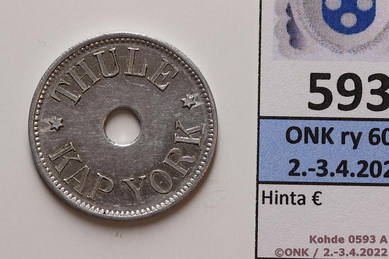 k-0593-a.jpg - Kohde 593 (kuva 1/2), lhthinta: 100 € / myyntihinta: 125 € Grnlanti 100 re 1910 KM#Tn7 Al, Thule-Kap York, hnja, harvinainen!, kunto: 7