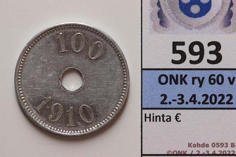 k-0593-b.jpg - Kohde 593 (kuva 2/2), lhthinta: 100 € / myyntihinta: 125 € Grnlanti 100 re 1910 KM#Tn7 Al, Thule-Kap York, hnja, harvinainen!, kunto: 7