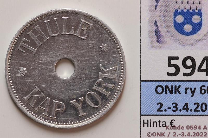 k-0594-a.jpg - Kohde 594 (kuva 1/2), lhthinta: 100 € / myyntihinta: 125 € Grnlanti 500 re 1910 KM#Tn8 Al, Thule-Kap York, hnja, harvinainen!, kunto: 7