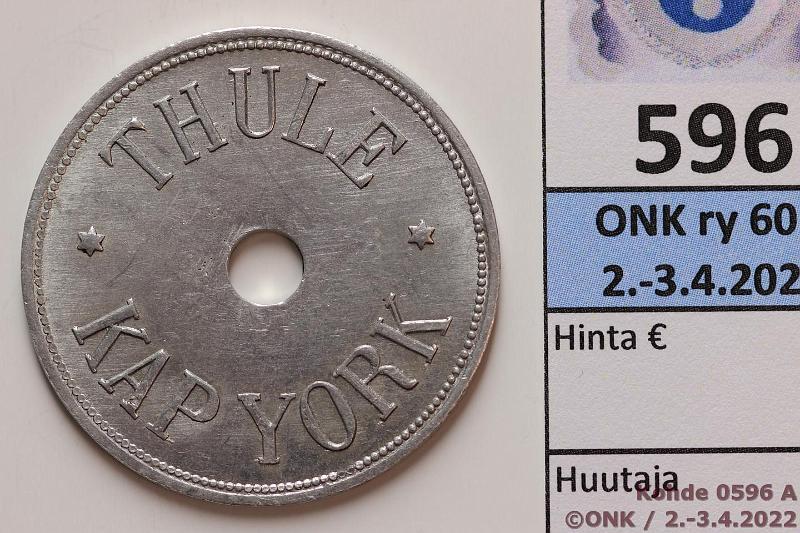 k-0596-a.jpg - Kohde 596 (kuva 1/2), lhthinta: 200 € / myyntihinta: 200 € Grnlanti 10 kr 1932 KM#Tn10 Al, Thule-Kap York, hnja, harvinainen, lyntimr 500 kpl!, kunto: 7