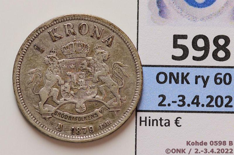 k-0598-b.jpg - Kohde 598 (kuva 2/2), lhthinta: 20 € / myyntihinta: 40 € 1 kr 1879 KM#357 Ag, 7,5g/800, kunto: 5