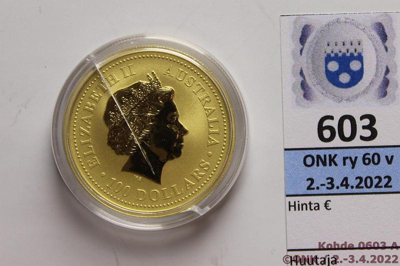 k-0603-a.jpg - Kohde 603 (kuva 1/2), lhthinta: 1300 € / myyntihinta: 1770 € Australia 100 $ 2004 KM#672 Au, Proof, 31,1035g/999, Year of the monkey, kapselissa sr, kunto: 10