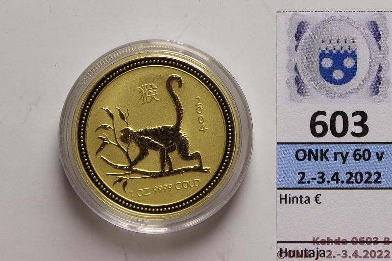 k-0603-b.jpg - Kohde 603 (kuva 2/2), lhthinta: 1300 € / myyntihinta: 1770 € Australia 100 $ 2004 KM#672 Au, Proof, 31,1035g/999, Year of the monkey, kapselissa sr, kunto: 10
